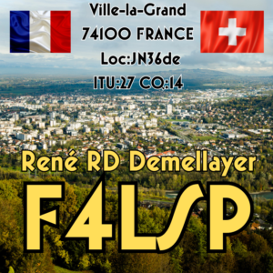 Carte QSL de F4LSP, René RD Demellayer, Ville-la-Grand (74100), indicatif radio amateur. Vue aérienne de la ville avec les drapeaux français et suisse.